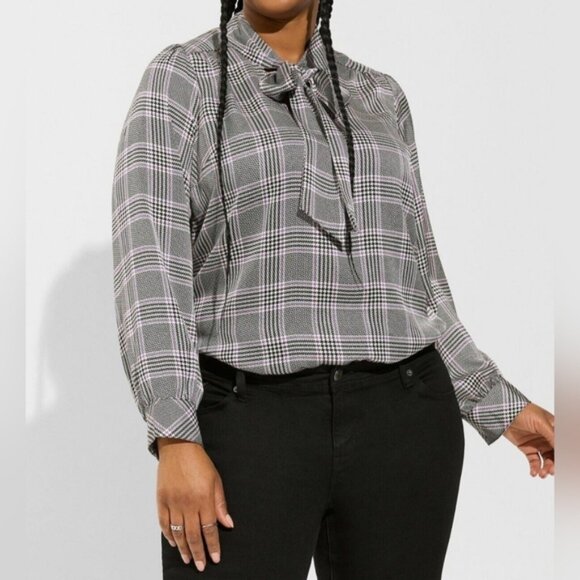 torrid Tops - Torrid Plaid Studio Bubble Satin Bow-Tie Blouse Plus Size 1X Chic Career Casual